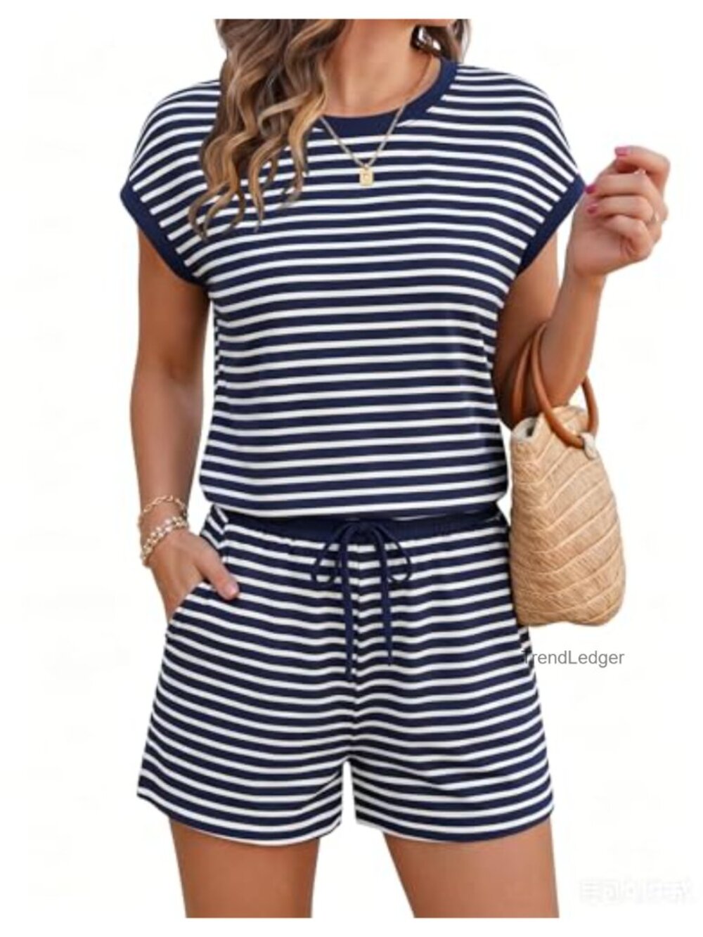Ekouaer Women Striped Short Romper Cap Sleeve Drawstring Summer Jumpsuit